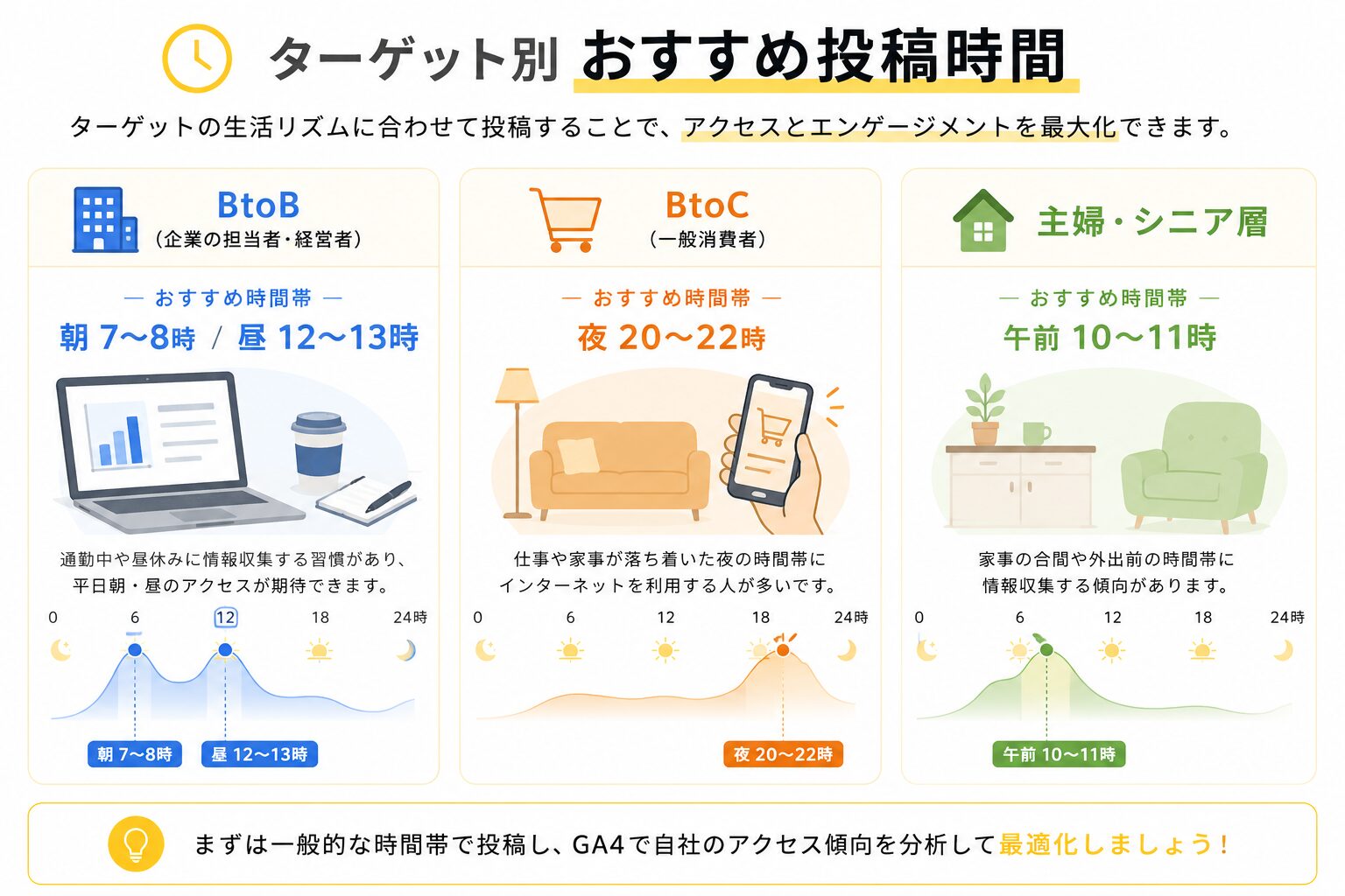 ターゲット別のおすすめブログ投稿時間の比較図