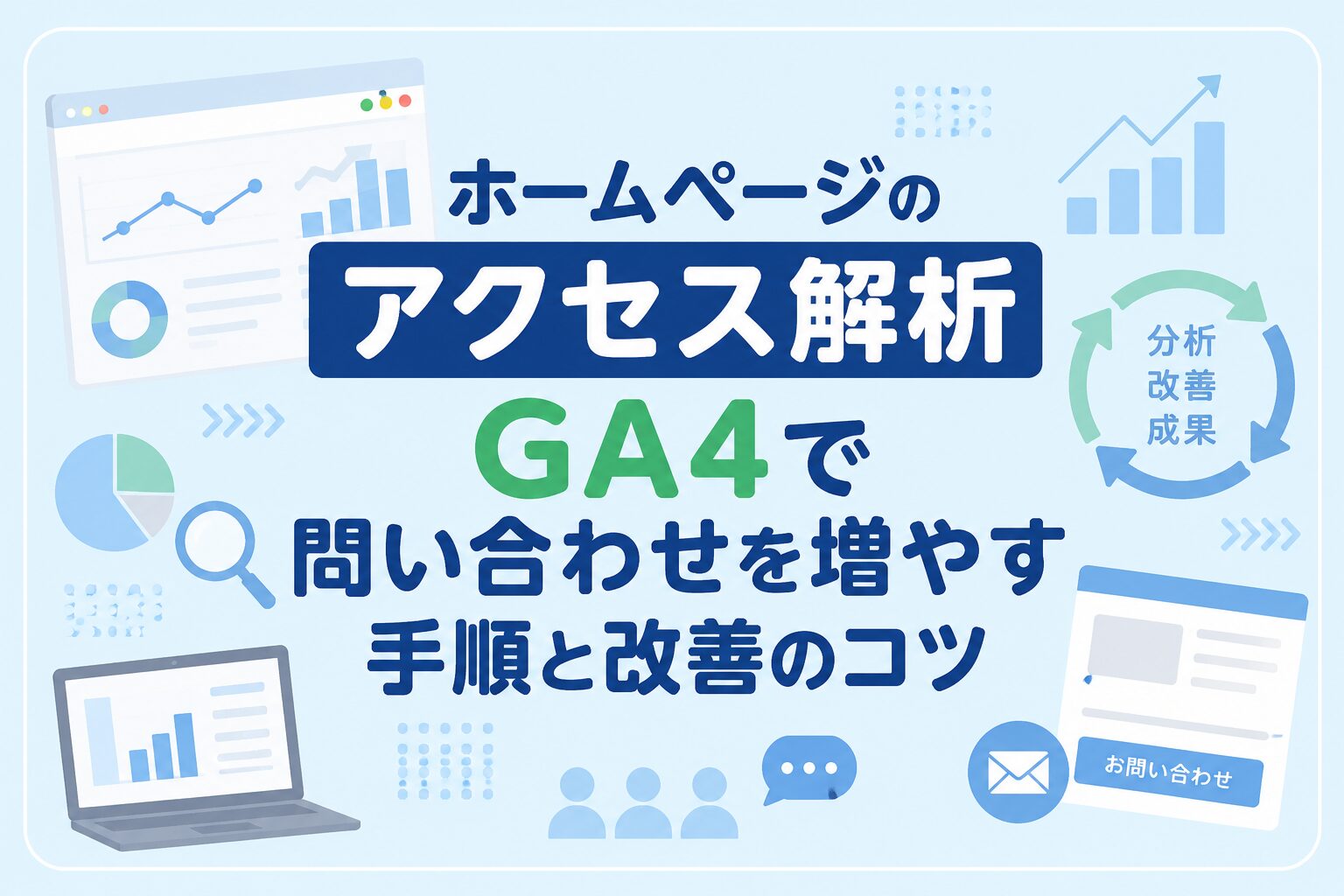 ホームページのアクセス解析とGA4で問い合わせを増やす方法を示したアイキャッチ画像
