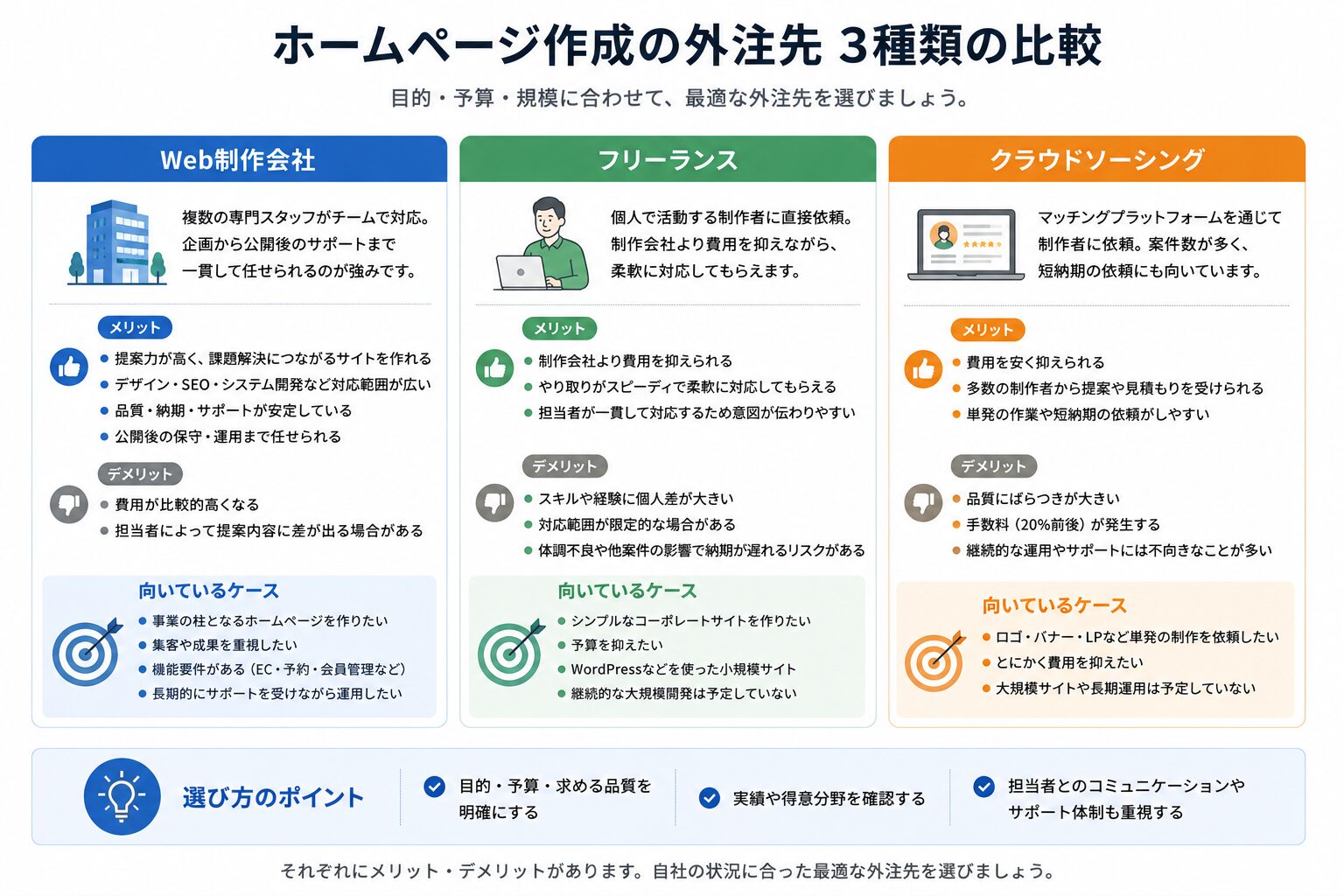 ホームページ外注先の種類と特徴の比較