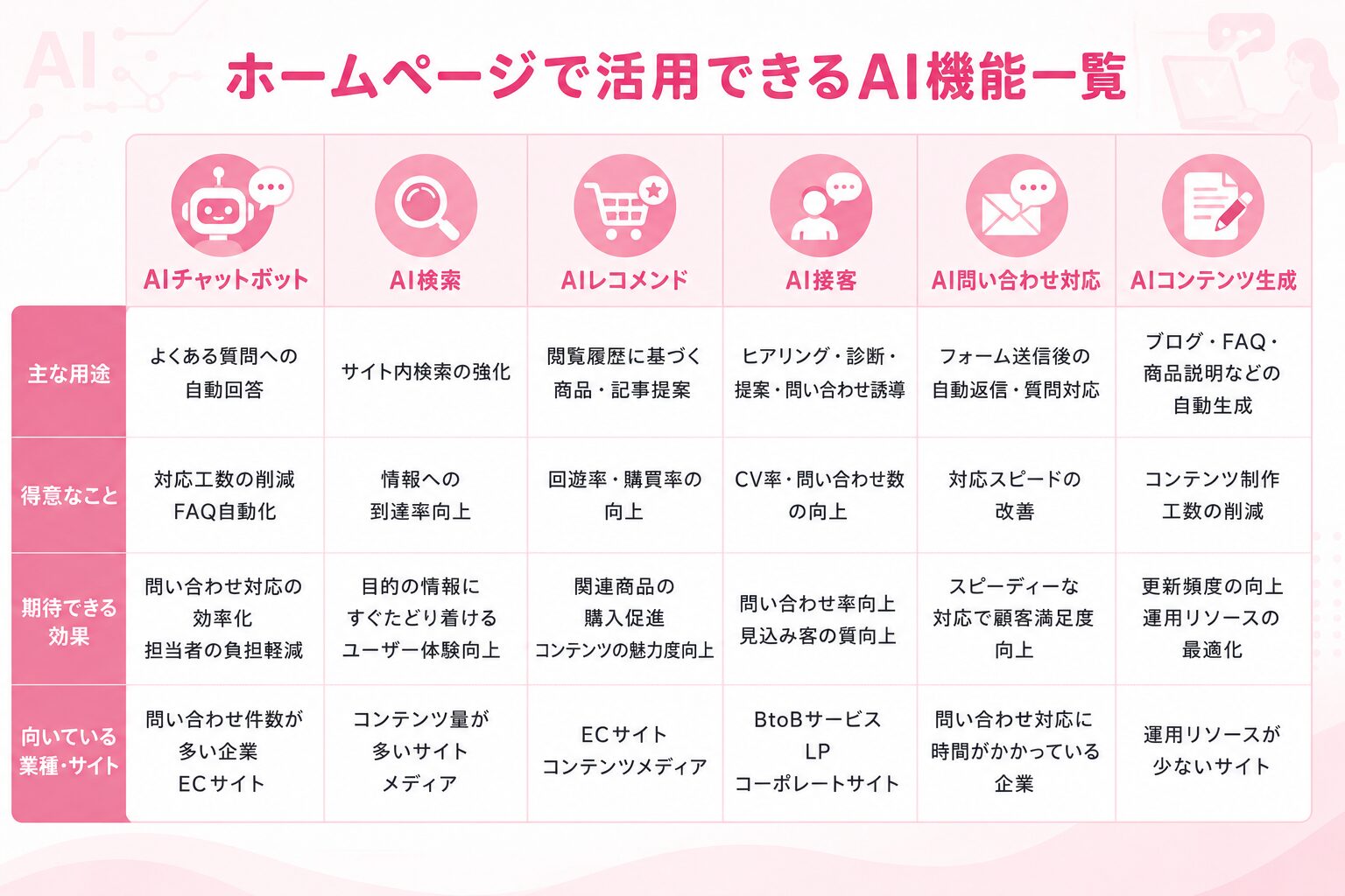 ホームページに導入できるAI機能を比較した図