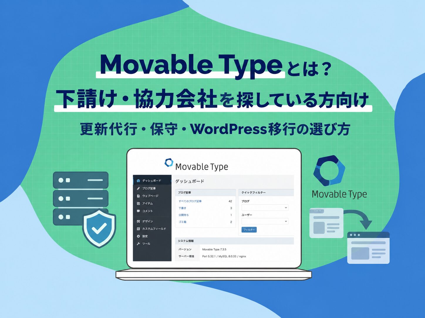 Movable Typeの下請け・協力会社探しと更新代行・保守・WordPress移行の選び方を解説するアイキャッチ画像