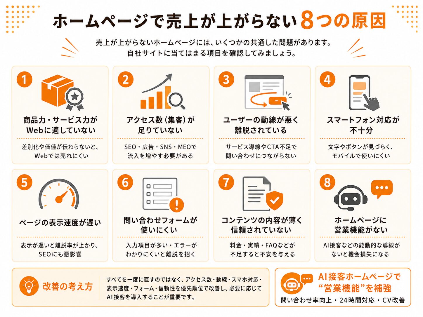 ホームページで売上が上がらない8つの原因をまとめた図