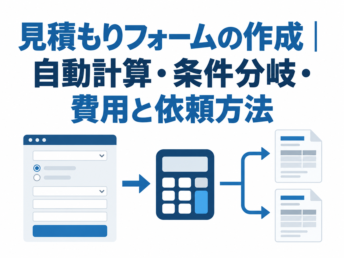 見積もりフォームの作成｜自動計算・条件分岐・費用と依頼方法の要点を表すアイキャッチ