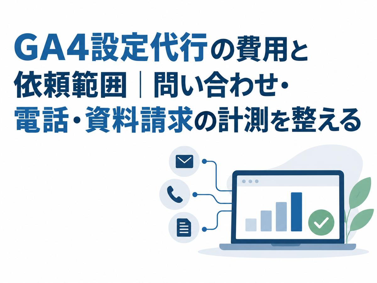 GA4設定代行の費用と依頼範囲|問い合わせ・電話・資料請求の計測を整えるの要点を表すアイキャッチ