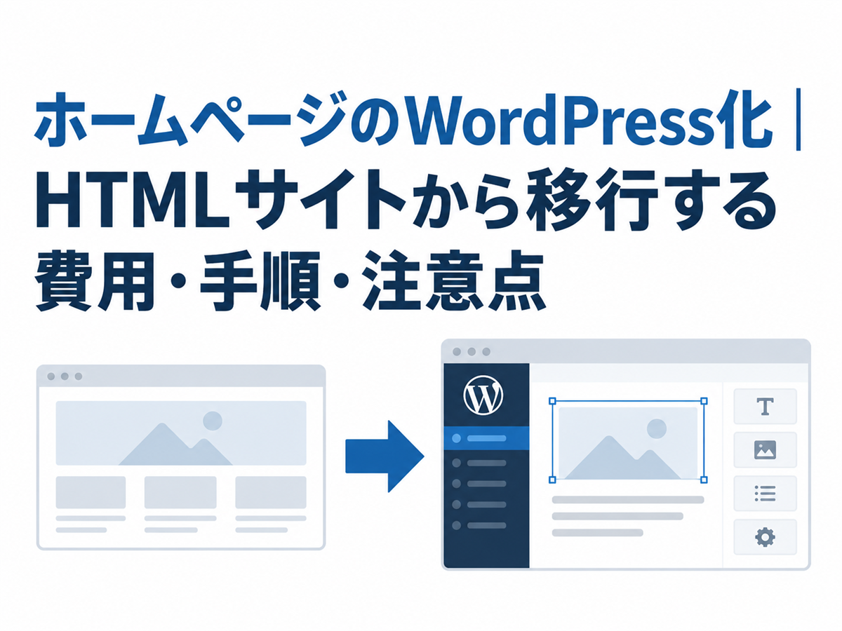ホームページのWordPress化|HTMLサイトから移行する費用・手順・注意点の要点を表すアイキャッチ